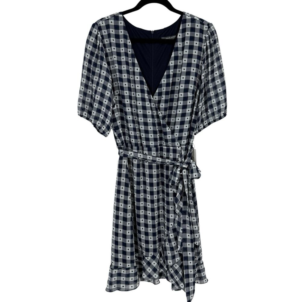 Julia Jordan Faux Wrap Dress size 16 Blue Check Ruffled Hem Feminine NWT - Picture 2 of 15